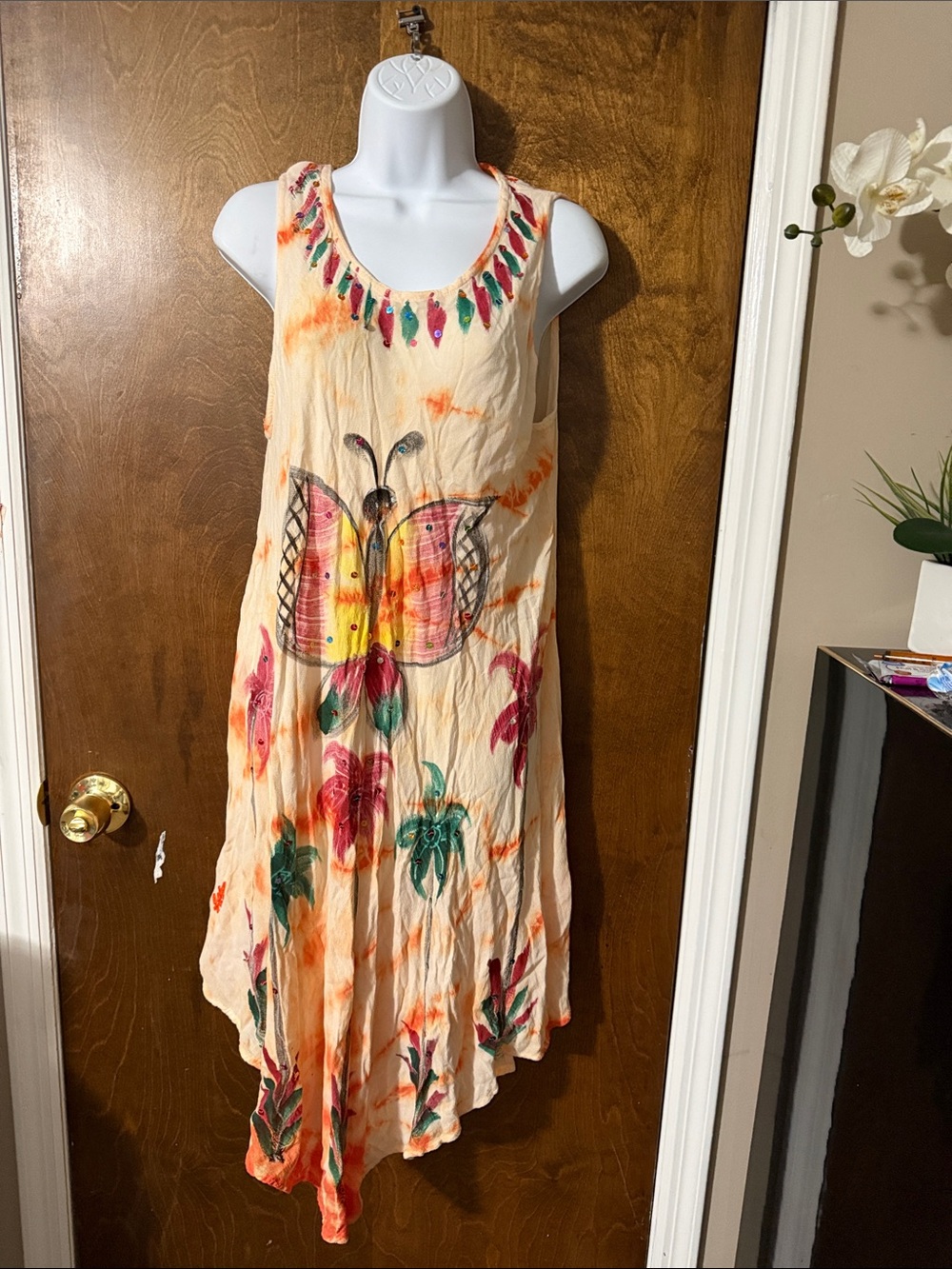 Sleeveless Cream Maxi Dress with Multicolor Butterfly Print